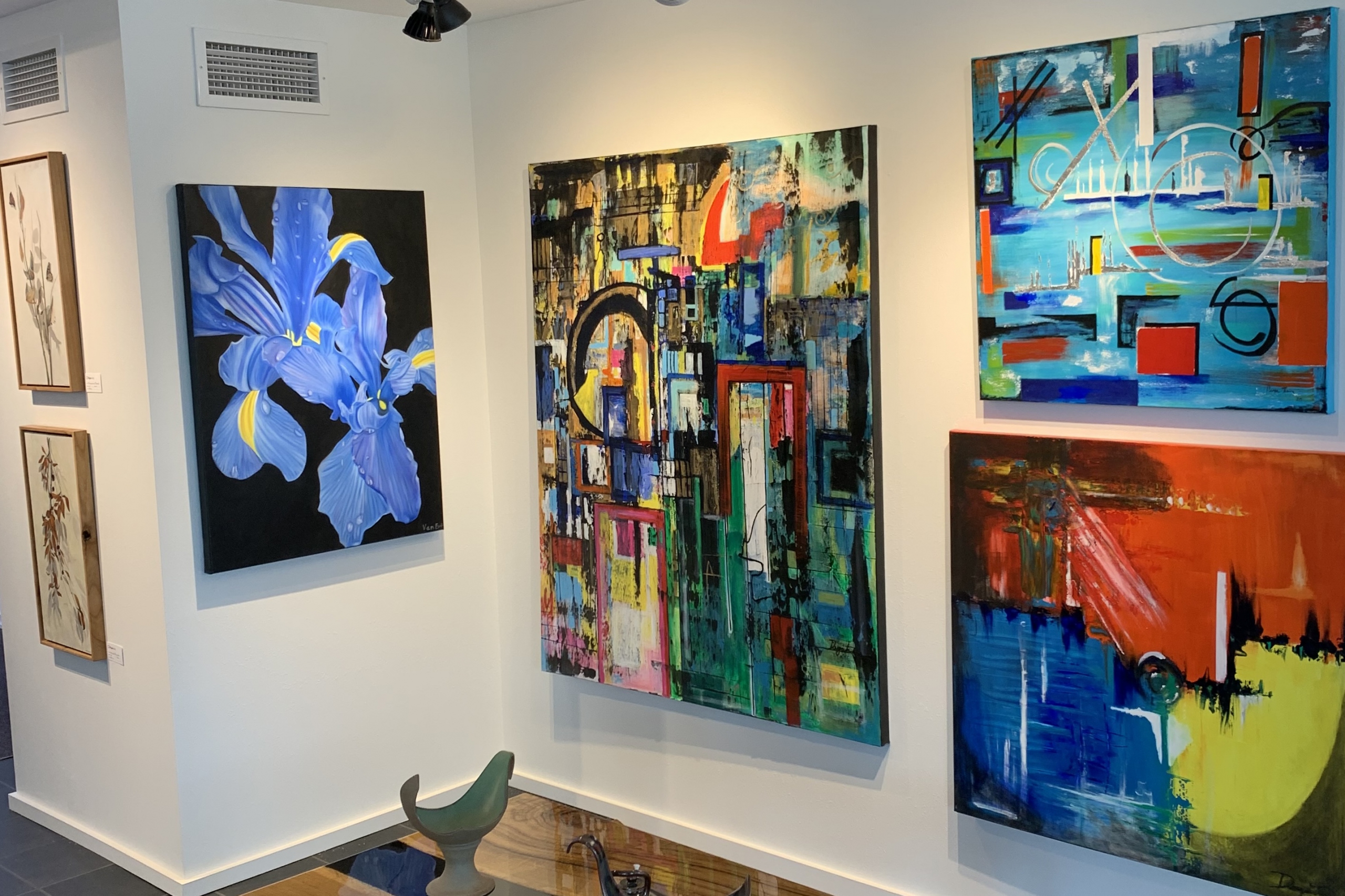 We work with a broad range of artists and styles to help you create the perfect atmosphere for your space. Shown here are original works by Kristin Gibby, Emilia Van Ert, and Deya Thorin.